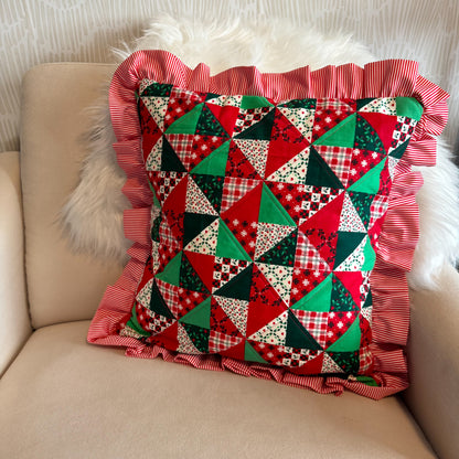 🎄 Handmade Quilted Christmas Pillow Cover with Ruffle Trim 🎄